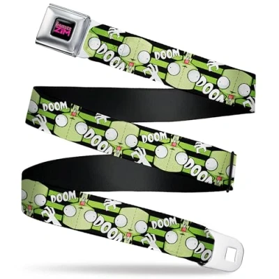 Image of Nickelodeon Belt, Seatbelt Buckle Invader Zim Gir Doom Flip Poses Stripe Black Green, Adjustable, 1.5&quot; Wide Fits Pant Size 32 52