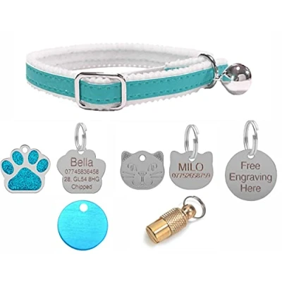 Image of Cat/Kitten Reflective Collar with Safety Elastic, Bell Optional Personalised Tag (Turquoise, Cat Face Tag)