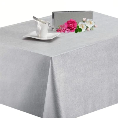 Image of KP HOME Luxury Linen Look PVC Wipe Clean Table Cloth Rectangular 250x140 cm / 98x55 In Wipeable Tablecloth Up To 8 Seats Waterproof Plastic Kitchen Vinyl Oilcloth Elegant Plain Silver, Grey