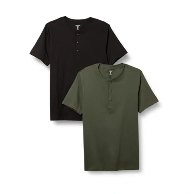 Image of Amazon Essentials Men&#039;s Slim Fit Short Sleeve Cotton Henley T Shirt, Pack of 2, Black/Olive, XS