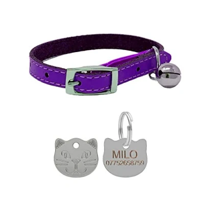 Image of JK Leather Cat Collar, Safety Elastic, Bell &amp; Engraved Face Tag (Purple)