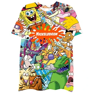 Image of Nickelodeon Mens 90s Cartoon Shirt Rugrats Hey Arnold Ren &amp; Stimpy Rocko&#039;s Modern Life Sublimated Allover Print T (White, Large)