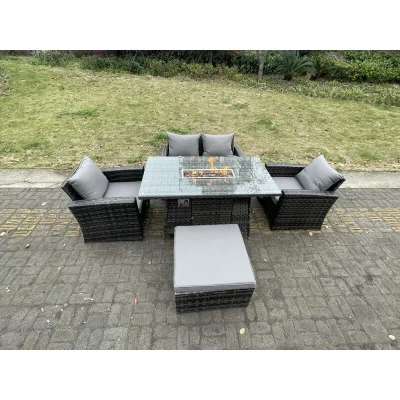 Image of Rattan Outdoor Furniture Gas Fire Pit Rectangle Dining Table Heater Chairs Two Seater Love Sofa Sets Big Footstools 5 Fimous