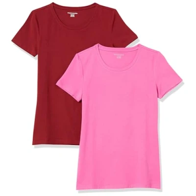 Image of Amazon Essentials Women&#039;s Classic Fit Short Sleeve Crewneck T Shirt, Pack of 2, Burgundy/Pink, XL