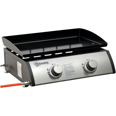 Image of Outsunny Gas Plancha Grill with 2 Stainless Steel Burner, 6kW, Portable Tabletop BBQ Non Stick Griddle for Camping Picnic Garden Party Festival