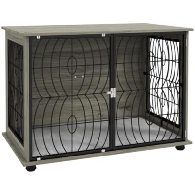 Image of PawHut Dog Crate Furniture, Cage End Table with Large Top, Soft Washable Cushion, Lockable Front Door, Wire Mesh Ventilation, Indoor Pet for Medium Dogs, 80x56x63cm, Grey Wood Effect