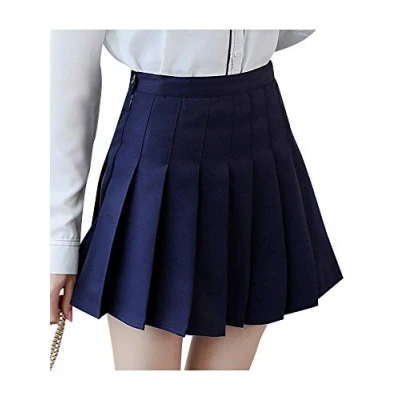 Image of nonotse Women Girls High Waist Pleated Skater Tennis School Short Skirt (Navy, XL)