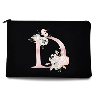Image of 26 Letter Printed Zip Canvas Pouch Makeup Bag Make Up Bag, Cosmetic Travel Bag,Toiletry Bag,Organizer Bags,Toiletry Bags, Bride Bridesmaid Bag,Pencil Bag,Wash Bag,Coin Purse (Pink Flower D)
