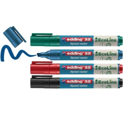 Image of edding 32 EcoLine flipchart marker set multi coloured 4 pens chisel nib 1 5 mm for writing, drawing and marking on paper does not bleed through dry out refillable