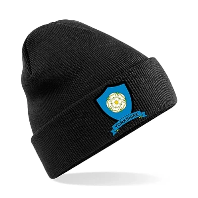 Image of Yorkshire County Mens Embroidered Beanie Hat, Bob Hat Cricket Sport Your Embroidery (Black)