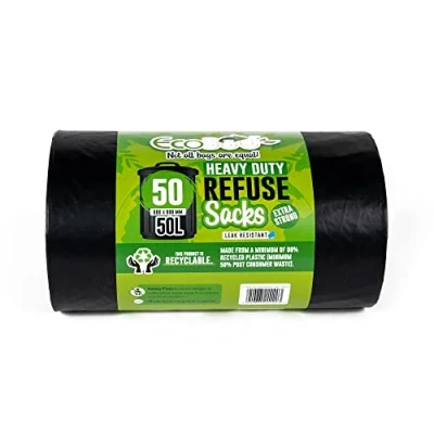 Image of EcoBag 50 Pack Heavy Duty Bin Bags 50L 35 Microns Recyclable Black Bag with Leak Resistant Seal, Sustainable Refuse Sack, Eco Friendly Rubbish for Home, Office &amp; Kitchen (600x800 mm)