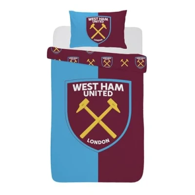 Image of West Ham United FC Claret Sky Single Duvet Cover &amp; Pillowcase Set Reversible 100% Cotton Bedding with Pillow Case Comfortable Breathable