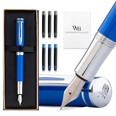 Image of Wordsworth and Black Fountain Pen Mini EDC: Luxury Blue Heavy Pocket Pen, Chrome Finish, Medium Nib, 6 Ink Cartridges, Converter, Travel Refillable Writing Gift Set, Men &amp; Women