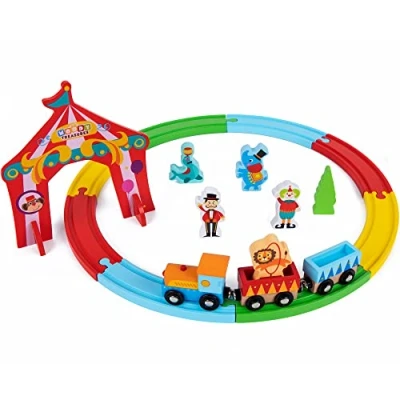 Image of Woody Treasures Wooden Toys Train Set for Children 3 Years &amp; Up 20 Piece Circus Themed Track Kids’ Toy Colourful Toddler Boys Girls