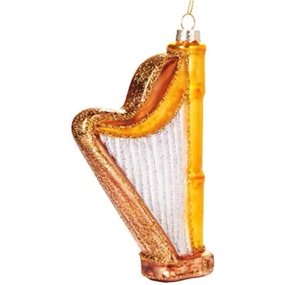 Image of BRUBAKER Harp Gold Hand Painted Glass Christmas Bauble Mouth Blown Tree Decoration Figures Funny Pendant Ball 5.5 inches (14 cm)