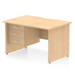 Image of Impulse 1200 x 800mm Scalloped Edge Straight Office Desk Maple Top Panel End Leg Workstation 1 3 Drawer Fixed Pedestal