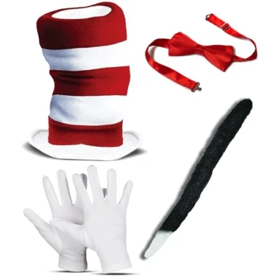 Image of Dreamzfit Adult Unisex Crazy Cat Fancy Dress Costume Set Striped Hat, Red Bow Tie, Gloves &amp; Black Tail World Book Day Week Hen/Stag Night in The Hat Party Up, / White