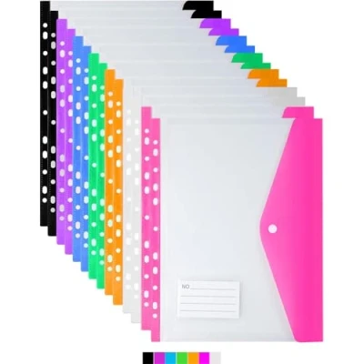 Image of 14 Pack Clear Plastic Wallets A4 Punched Pockets, 11 Holes Expandable Binder Pocket Colourful File Jackets, Document Folders with Snap Button &amp; Label for School Home Office