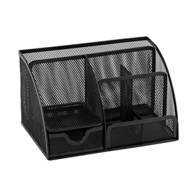 Image of OSCO Black Wiremesh Desk Organiser with Drawer Tidy Pen Holder Makeup Container Pencil Storage 6 Compartments Stationery Caddy H13 x W22 D14 cm