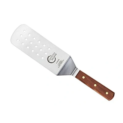 Image of Mercer Culinary Praxis 8 x 3 Inch Perforated Turner, Wood Handle, Stainless Steel, 38x10x3 cm, Brown