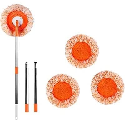 Image of Cleaning Mops Set 360 Degree Rotatable with 4 Removable Poles and Replaceable mop Heads Adjustable Round Microfiber Dust Window Kit for Floor Wall(4 rod plus cloth)