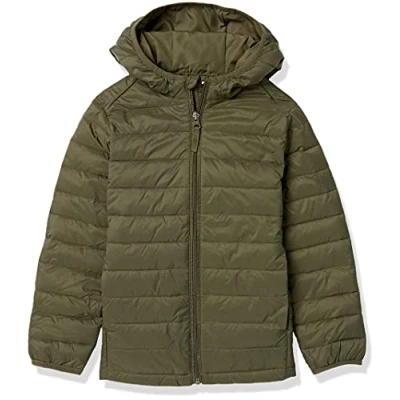 Image of Amazon Essentials Boys&#039; Lightweight Water Resistant Packable Hooded Puffer Coat, Dark Olive, 8 Years