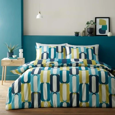 Image of Fusion 70s Retro Shapes Blue Duvet Cover Double Bedding Size (200 x 200cm) Funky Hula Hoops Bed Set Easy Care &amp; Washable w/Geometric Circle Print Vector Inspired