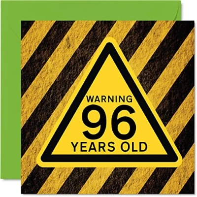 Image of Fun 96th Birthday Cards for Men Women Warning Happy Card Great Grandad Grandpa Nanny Grandma Nan Gran Granny Dad Mum, 145mm x Funny Humour Joke Greeting