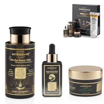 Image of ImpressionZ Instant Visible Results Luxurious Skincare Set Includes Micellar Water Makeup Remover, Aloe Vera Hydrating Moisturizer Face Cream and Snail Mucin Serum to Reduce Wrinkles &amp; Hydrates Skin