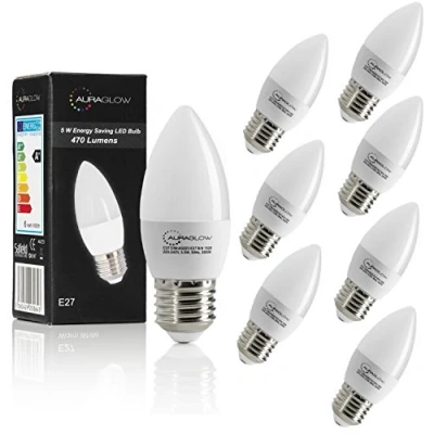 Image of Auraglow 5w LED E27 Candle Light Bulb, Warm White, 3000K, 470 Lumens 40w EQV 8 Pack