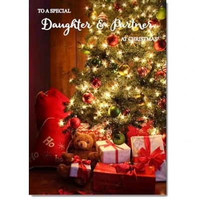 Image of doodlecards Daughter and Partner Christmas Card Teddy by Tree Large A4 Size for &amp; with Plain Envelope