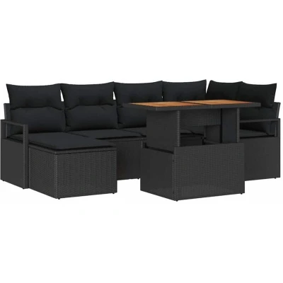 Image of vidaXL 7 Piece Garden Sofa Set with Cushions Black Poly Rattan Acacia