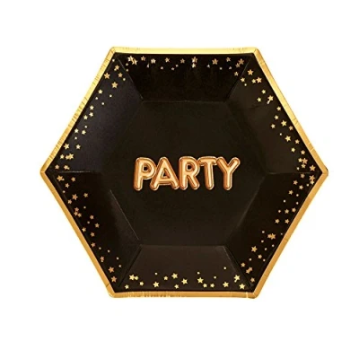Image of Neviti 773277 Glitz and Glamour Party Paper Plates, Black/Gold, Medium
