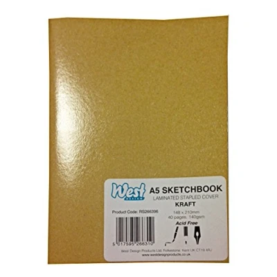 Image of West Design A5 Sketchbook, 140gsm, 40 White Pages, Stapled Laminated Kraft Cover, Crisp, Acid Free Plain, Blank Paper, Sketch, Draw, Journal, Scrapbook, Drawing Pad, Notebook, Home, Art Supplies