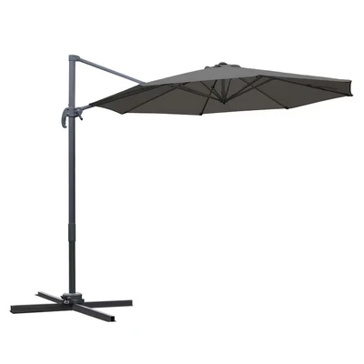 Image of Outsunny 3(m) Patio Offset Parasol Roma Umbrella Cantilever Hanging Sun Shade Canopy Shelter Tilt 360 Rotation with Aluminium Frame Hand Crank Cross Base, Dark Grey