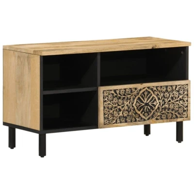 Image of vidaXL TV Cabinet 80x33x46 cm Solid Mango Wood with Iron Legs Retro Hand Carved Floral Pattern, Spacious Storage, Brown