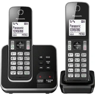 Image of Panasonic KX TGD322 Cordless Home Phone with Nuisance Call Blocker and Digital Answering Machine Black &amp; Silver (Pack of 2)