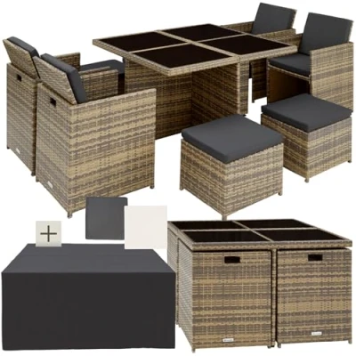 Image of TecTake® Polyrattan Garden Furniture Set with Aluminium Base, including 4 Dining Chairs, 1 Table, Stools, Foldable Lounge protective cover, For Up To 8 People natural