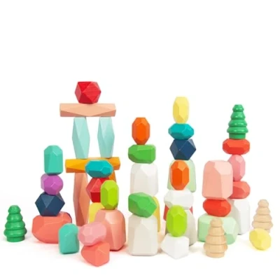 Image of WOODENFUN Montessori Wooden Toy 48pcs Colorful Stacking Stones for Kids Balance Game Blocks Suitable Adults and Children 3 Year+