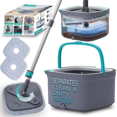 Image of True &amp; Tidy, Clean SPIN Mop and Bucket System, Includes Mop, Dual Compartment 2 Thick Washable Microfiber Pads, 800A, Gray