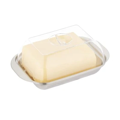 Image of Relaxdays Butter Dish with Lid, Stainless Steel &amp; Plastic, for 250 g, 5.5 x 18 11 cm, Container, Silver/Transparent