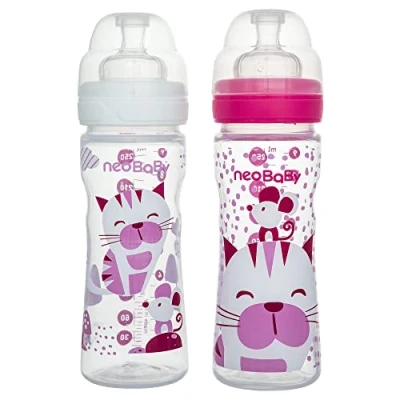 Image of Neobaby Polypropylene Bottle Wide Neck with Silicone Teat 250 ml, Pink, Adjustable Flow, 2 Months +