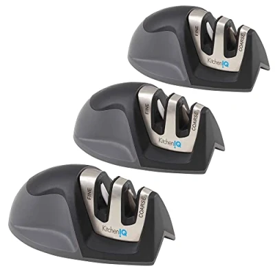 Image of KitchenIQ 51420 Edge Grip 2 Stage Knife Sharpener Black 3 Pack Coarse &amp; Fine Sharpeners Compact for Easy Storage Stable Non Slip Base Soft Rubber Handle Straight Serrated Knives