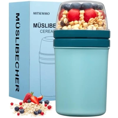 Image of Mitsemmo Cereal Cup On The Go,600ml+270ml Breakfast Pots to Go,Yogurt and Granola Pot, Muesli Travel Bowl Milk Container for Work,Overnight Oats Jar with Lid &amp; Spoon(Bule)