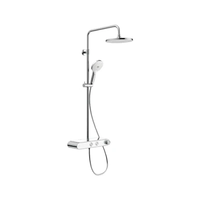 Image of Duravit shower system, water saving head with 3 spray types (Rain, Pulse, Mono), adjustable angle, set easy to clean, system thermostat, chrome/white