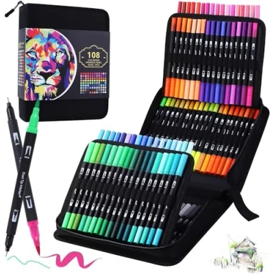 Image of BEMAYSZ 108 Dual Tip Colouring Pens Brush Felt Pens, for Adult Books Calligraphy Drawing Painting Sketching Highlighting
