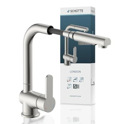 Image of SCHÜTTE London Kitchen Tap with Extendable Dish Rinser 360 Degree Swivel Mixer Single Lever Tap, Stainless Steel Look, Steel, 29.8 cm