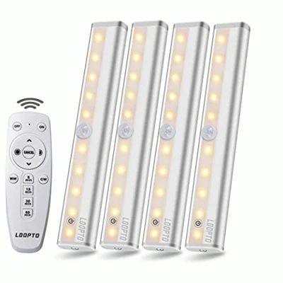 Image of LDOPTO Under Cabinet Kitchen Lights with Remote Dimmable LED Cupboard Battery Powered Bedroom Timer for Hallway, Multiple Colors 4 Pack