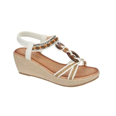 Image of Jo &amp; Joe Ladies Embellished Trim Elasticated Back Strap Wedge Sandals (White, UK Footwear Size System, Adult, Women, Numeric, Medium, 4)