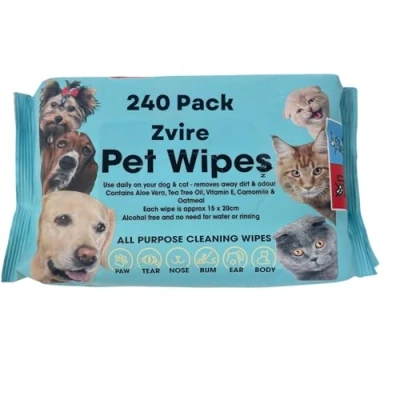 Image of Zvire Pet Wipes For Dogs And Cats, 240 Deodorising Alcohol Free Wet